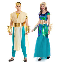 Costume de Sirène Magique Verte d'Halloween Adultes Déesse Gréco-Romaine Naga Sirène Dieu de la Mer Robe Reine Prince-Hommes Femmes Robe de Couple