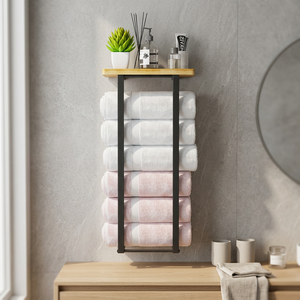 Toallero de baño, toallero montado en la pared, estante de madera, soporte para toallas, toallero de metal, organizador de toallas para baño - Product Image 3