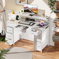 Bureau d'ordinateur compact pour la maison avec support d'écran LED, table d'ordinateur moderne blanche avec 8 tiroirs/prise de courant/port USB