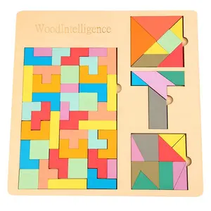 Wholesale Early Education Puzzle Baby Square Colorful Solid Wood Toys 3D Russian Blocks Tangram Game
