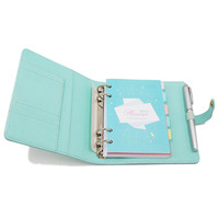 Classeur à quatre anneaux coloré avec onglets d'indexation, pochettes multi-rangements pour cartes, fermeture à pression et sangle en PU pour réunions quotidiennes