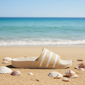 Sandales plates Adidas Adilette pour femmes, couleur crème, semelle extérieure en EVA, style décontracté d'été, bout ouvert, motif rayé - Product Image 2