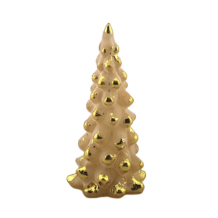 Fábrica soplado a mano nueva llegada fiesta HomeTable soporte decoración pequeño Led iluminado de vidrio de oro árbol de Navidad en forma adornos