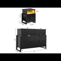 Table de chevet noire à nervures, table de nuit moderne avec station de charge et LED RVB, 2 tiroirs, rangement pour chambre à coucher, salon