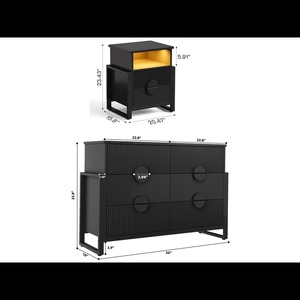 Black Fluted Bedside Table Modern Nightstand with Charging Station and RGB LED <strong>2</strong> Drawer Bedroom Living Room Storage - Product Image 3