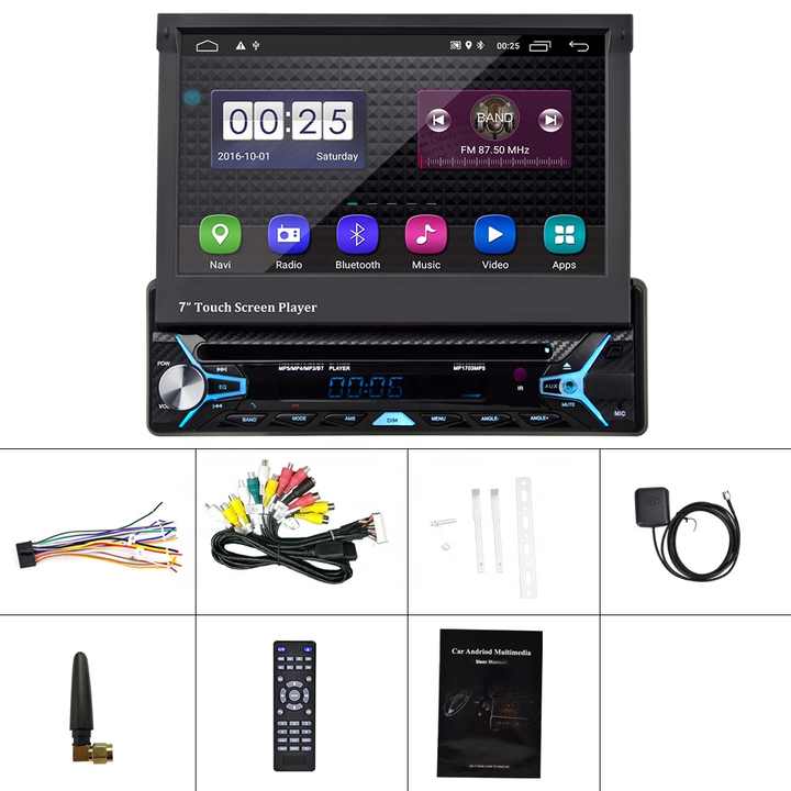 7'' Autoradio 1 Din Carplay Android Auto Wireless mit Ausfahrbarem Bildschirm,Podofo Radio mit Bluetooth 5.1 FM 2USB/AUX/Typ C Mit Rückfahrkamera Lenkradsteuerung