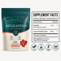 Gélules d'astaxanthine, capsules d'astaxanthine, gélules d'astaxanthine 12 mg, gélules liposomales, 120 gélules végétaliennes, étiquette privée
