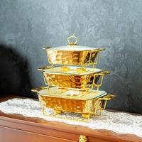 Ensemble de 3 réchauds en céramique martelée dorée avec couvercle en verre et support chauffant doré, chauffe-plats rectangulaire pour buffet et traiteur