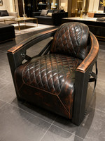 Fauteuil de luxe vintage en cuir huilé style mid-century, chaise longue individuelle pour villa, salon décontracté, bar, cigare