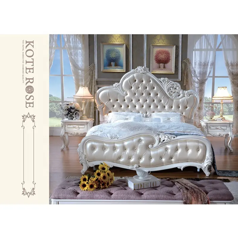 Mobiliário de ponta alta, conjunto de cama clássico champanhe dourado pérola branco antigo king/queen tamanho mobiliário clássico