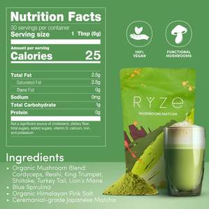 RYZE SUPERFOODS فطر ماتشا ، USDA عضوي مع 6 فطر Adaptogenic و Matcha 30 حصة احتفالية - Product Image 6