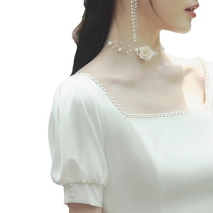 White Satin A-Line Wedding Dress Square Collar Natural Waistline For Marriage Registration Bridesmaid Dress X079 - Product Image 5