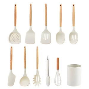 Cross-border New Wooden Handle <b>Silicone</b> Kitchenware 11-Piece Set Beech Wood Spatula Spoon High Temp Resistant Cooking <b>Tools</b> - Product Image 5