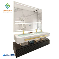 Meuble de salle de bain moderne OEM avec vasque murale, miroir intelligent étanche et armoire en bois massif