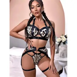 Hot selling Leopard print underwear set sexy neck garter three pieces of lace Sexy Mature Lady Stripper 3 Pc Lingerie Set