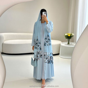 Vestido Abaya Abierto Personalizado 2026 con Estampado Floral Azul Cielo para Mujer, Conjunto <span class=keywords><strong>de</strong></span> Chifón con Hiyab, Atuendo Musulmán Modesto, Vestido Abaya para Mujer - Product Image 1