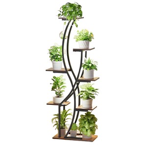 Étagère de rangement moderne en métal pour plantes d'intérieur avec lampe en bois enduit de poudre pour balcon - Product Image 1