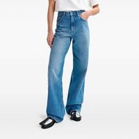 Jeans droits en denim bleu classique à taille haute, respirants, pour femmes, vêtements de rue, strass personnalisés sur la couture, OEM/ODM