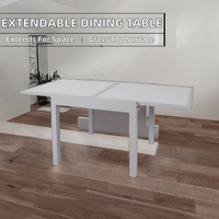 Table à manger extensible rectangulaire moderne et contemporaine en verre trempé avec pieds en métal, 6 places, pour salle à manger