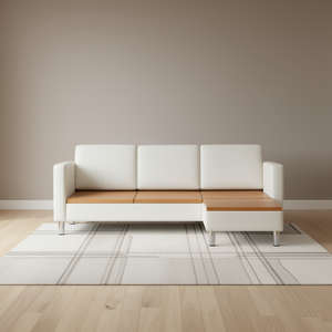 Divano Componibile in Ecopelle Bianca con Doghe in Legno e Gambe Cromate, Forma a L, Moderno, Tre Posti per Soggiorno - Product Image 2