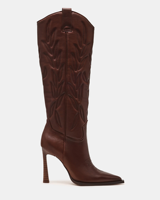 Bottines western à bout pointu et talon aiguille pour femmes, marron, brodées, hauteur genou