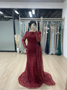 MB20008 Abito da <span class=keywords><strong>Sposa</strong></span> a Sirena <span class=keywords><strong>Blu</strong></span> con Maniche Lunghe e Ricche Applicazioni di Perline, Taglie Forti, Elegante Vestito da Sera per Donna - Product Image 2