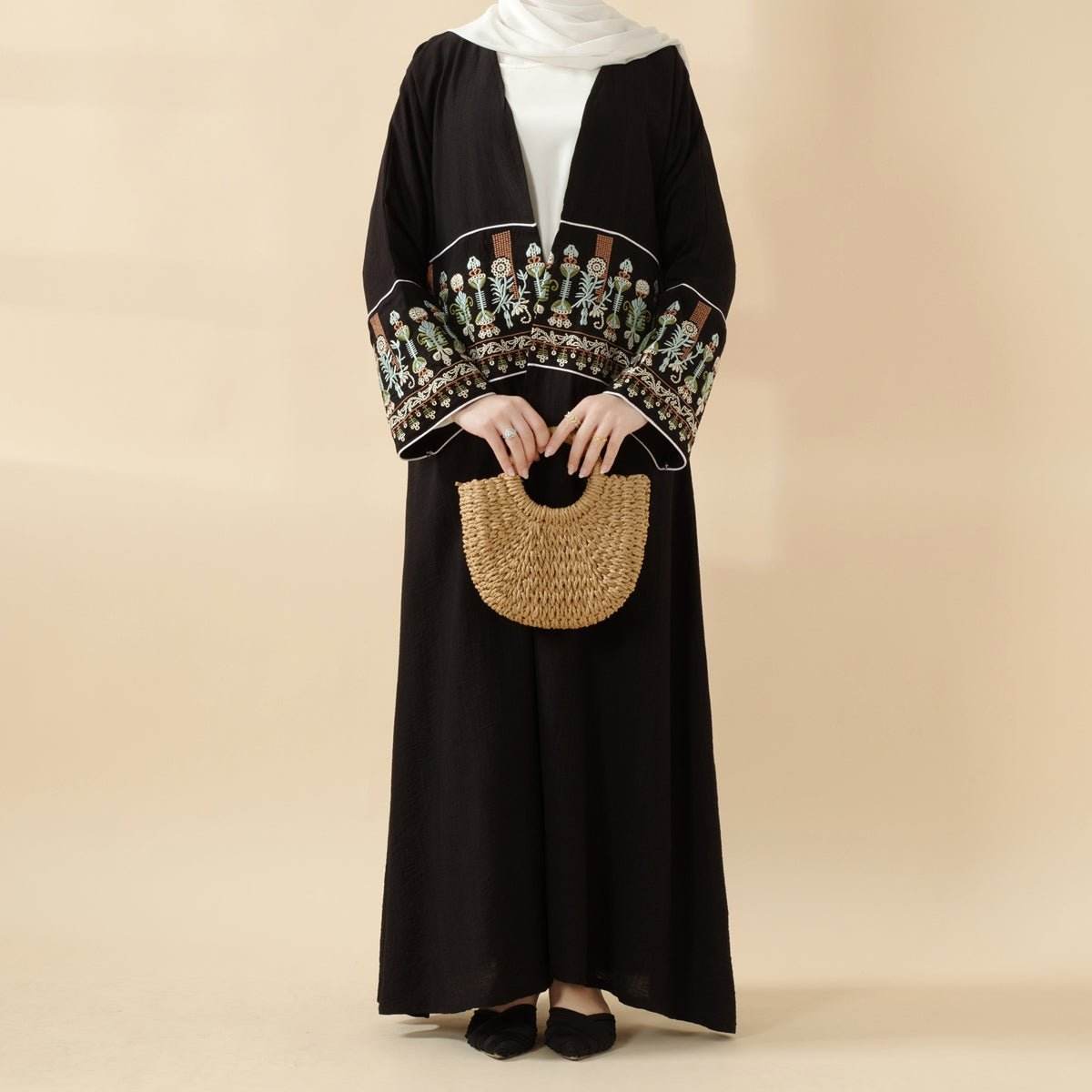 Turkish Dubai Floral Embroidered Crepe Open Abaya Dress for Plus