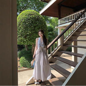 Vestido largo de pana con cuello halter y cuello en V a rayas francesas para mujer, transpirable, con lazo cruzado, corte en A, para verano, con lazo, cintura natural, ideal para club. - Product Image 3