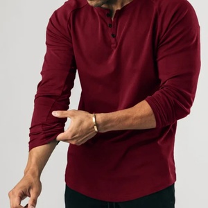Camiseta Henley Vintage Color Vino Tinto, Manga Larga, Color Sólido, Deportiva, Fitness, Algodón Puro, Elástica, Cuello en V - Product Image 1