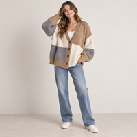 Cardigan femme color block col V boutonné épaules tombantes manches longues patchwork automne hiver tricot personnalisé