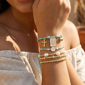 ชุดกำไลข้อมือ Go2boho ลายกางเขนพระเยซูและพระแม่มารี ประดับมุกและลูกปัดเทอร์ควอยซ์ ชุบทอง ผลิตภัณฑ์คริสเตียน เครื่องประดับ ของขวัญสำหรับผู้หญิง - Product Image 5