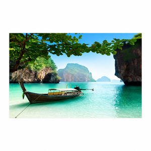 ภาพพิมพ์ลายเรือหางยาวบนเกาะเขตร้อน วิวทะเลสีฟ้าคราม เหมาะสำหรับตกแต่งโรงแรม รีสอร์ท ร้านอาหาร และพื้นที่ภายในสไตล์ชายทะเล - Product Image 6