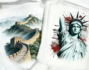 Autocollants de transfert thermique DTF personnalisés de la série Monuments mondiaux (Grande Muraille, Statue de la Liberté) pour l'impression sur T-shirts et vêtements, lavables - Product Image 1