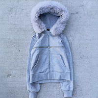 Sweat à capuche zippé pour homme, style français, avec capuche en fourrure personnalisée, 100% coton French Terry, coupe oversize, ourlet côtelé, effet vintage délavé
