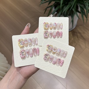 <span class=keywords><strong>Uñas</strong></span> Postizas Francesas Hechas a Mano de Alta Calidad con Lindos Puntos, <span class=keywords><strong>Uñas</strong></span> Postizas Cortas Cuadradas con Diseño Único de Gatito y Lazo - Product Image 1