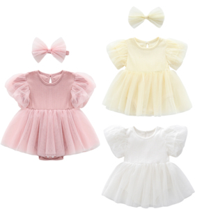 Vestitini per Neonati Stile Principessa, Tinta Unita con Maniche a Sbuffo, Tutina per Celebrazione del Primo Mese, Tutina Personalizzata per Neonati - Product Image 1