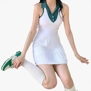 Nouvel ensemble deux pièces plissé personnalisable blanc pour femme : robe de sport, tennis, course, badminton, séchage rapide, anti-exposition - Product Image 2