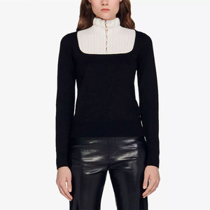 Maglione Pullover Casual <span class=keywords><strong>elegante</strong></span> a maniche lunghe da <span class=keywords><strong>donna</strong></span> personalizzabile per maglieria a bottone con collo quadrato nero primavera autunno - Product Image 2