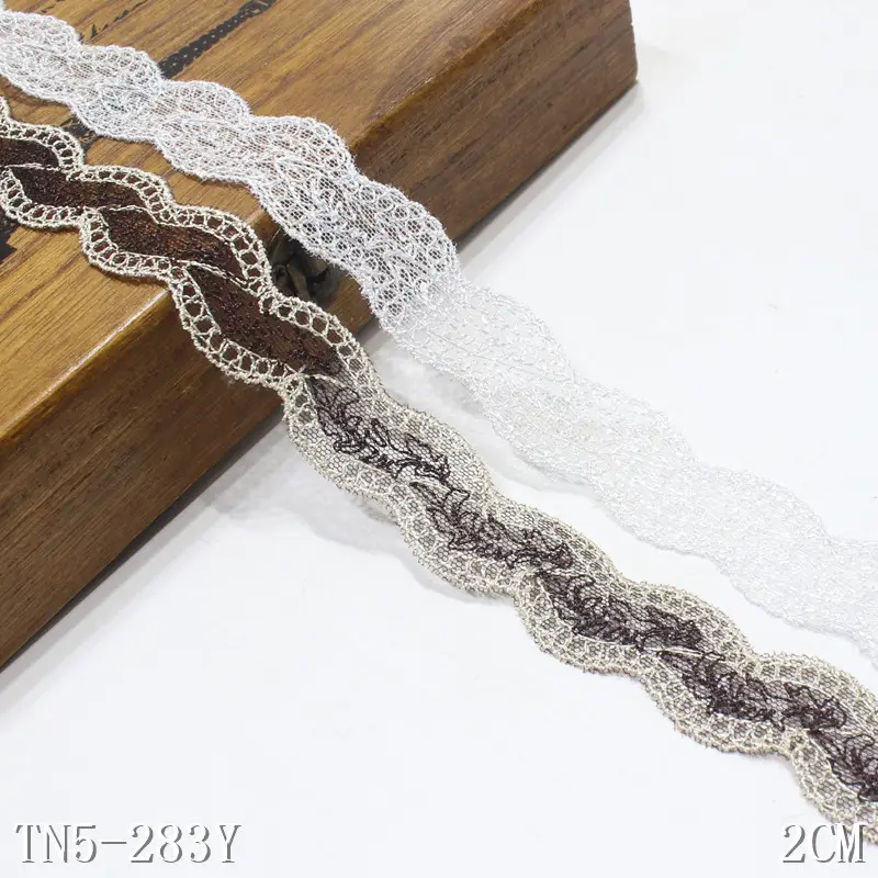 Wavy Edge Design Narrow Embroidery Lace 2cm Brown White Border Lace Polyester Fabric for Clothes