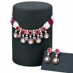 Stylish 925 <b>Silver</b> Necklace and Earrings Set with Pink and White Beads Elegant Indian Bridal Jewelry for Women - Product Image 5