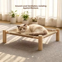 Lit pour chat et chien en bois massif, avec griffoir durable en sisal tressé, surélevé, respirant, tapis rafraîchissant toutes saisons, entièrement amovible