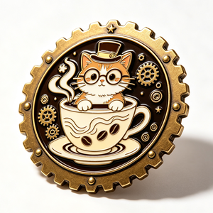 Pin Metálico de Gato Steampunk en Taza de Café, Latón Chapado en Oro, Esmalte Duro, Circular, Artículo Coleccionable - Product Image 1