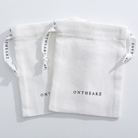 Sac à cordon en coton sergé blanc de qualité supérieure, avec logo personnalisé imprimé sur ruban, pour l'emballage d'accessoires de bijouterie