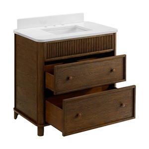 Custom Solid Wood with Oak Veneered <strong>Bathroom</strong> <strong>Vanity</strong> Striped Fluted Design with Quartz Countertop Single Sink Modern Cabinet - Product Image 4