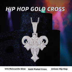 Colgante de Cabeza de Cabra con Cruz Gótica Vintage, Chapado en Oro, con Moissanita VVS, Estilo Hip Hop Urbano, Certificado GRA, Marca FY, para Hombre - Product Image 2