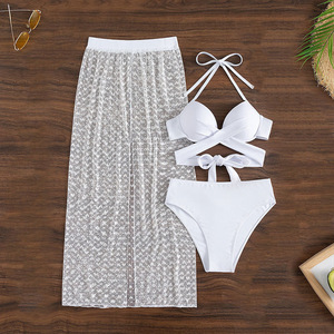 Ensemble <span class=keywords><strong>Bikini</strong></span> Trois Pièces Fleuri pour <span class=keywords><strong>Femme</strong></span> avec Jupe <span class=keywords><strong>Voile</strong></span> et Pompon Vente Chaude Maillot de Bain <span class=keywords><strong>Femme</strong></span> - Product Image 3