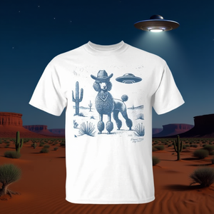 T-shirt Poodle Cowboy Ufo bianca unisex per adulti taglia media - Product Image 3