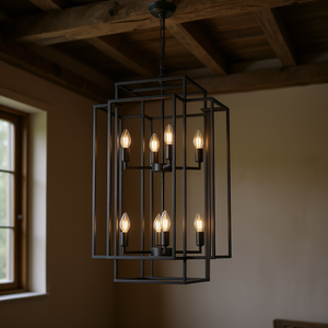 Lámpara Colgante Industrial Estilo Rústico de 8 Luces, Negra, Rectangular, de Hierro, con Base para Bombilla E26 - Product Image 2