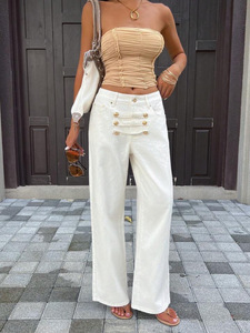 Pantalon large blanc taille haute pour femme, couleur unie, fermeture boutonnée, coupe ample, longueur complète, décontracté, en coton, pour l'été - Product Image 2