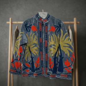 <b>Women</b> <b>Velvet</b> Floral Embroidered <b>Jacket</b> Mandarin Collar Full Sleeve Boxy Style Autumn Ethnic Bohemian Pattern Handwork Suzani - Product Image 5